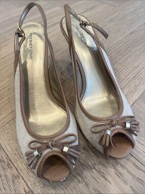 Predictions Beige and Tan Peep-Toe Slingback Pumps size 10W